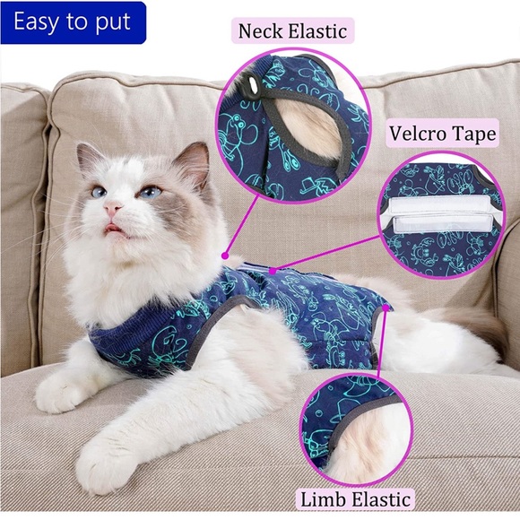 New Cat Surgery Recovery Suit Cat Onesie E-Collar Alternative Dark Blue - Med - Picture 3 of 4